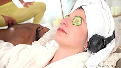 Husband Fucks Busty While Wifes On Cucumber Facial