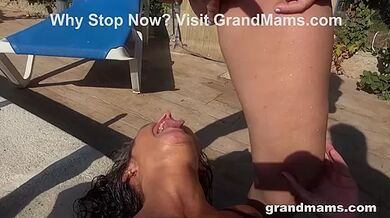 Cougars Squirt In Each Others Mouths At GrandMams