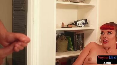 Redhead voyeur watching guy jerking off