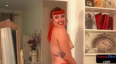 Redhead voyeur watching guy jerking off