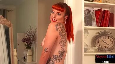 Redhead voyeur watching guy jerking off