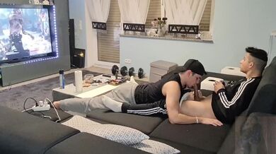 My boy surprised me with a nice blowjob while I was gaming and I shot my cum in his mouth