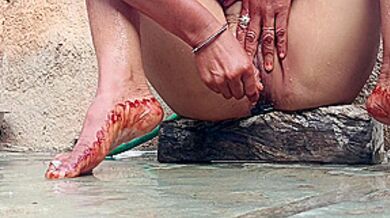 I See My Stepsister In The Outdoor Bathroom Cleaning Her Pussy Hair In The Open Bathroom And Taking A Bath